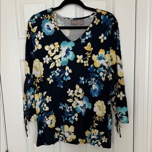 Chicos Navy Blue Floral V-Neck Blouse - Size 3